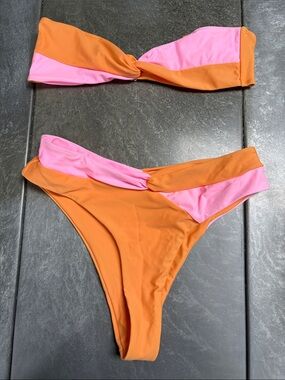 Two-Tone Orange & Pink Twist Bandeau Bikini - Women Swim